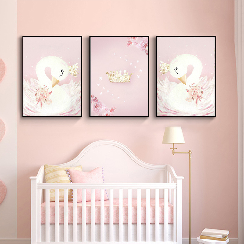 Baby Girl Nursery Wall Art Canvas Painting Pink Swan Cartoon Posters Nordic Kids Decoration Pictures Children Bedroom Decor