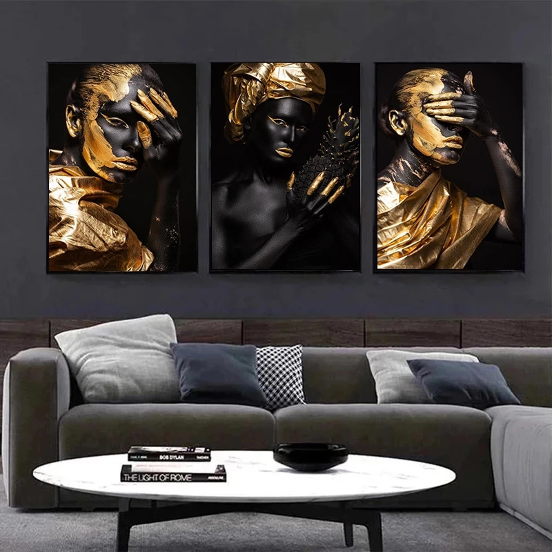 African Golden Beauty Girls Canvas Painting Black Girls Make Up Posters and Prints Wall Art Picture