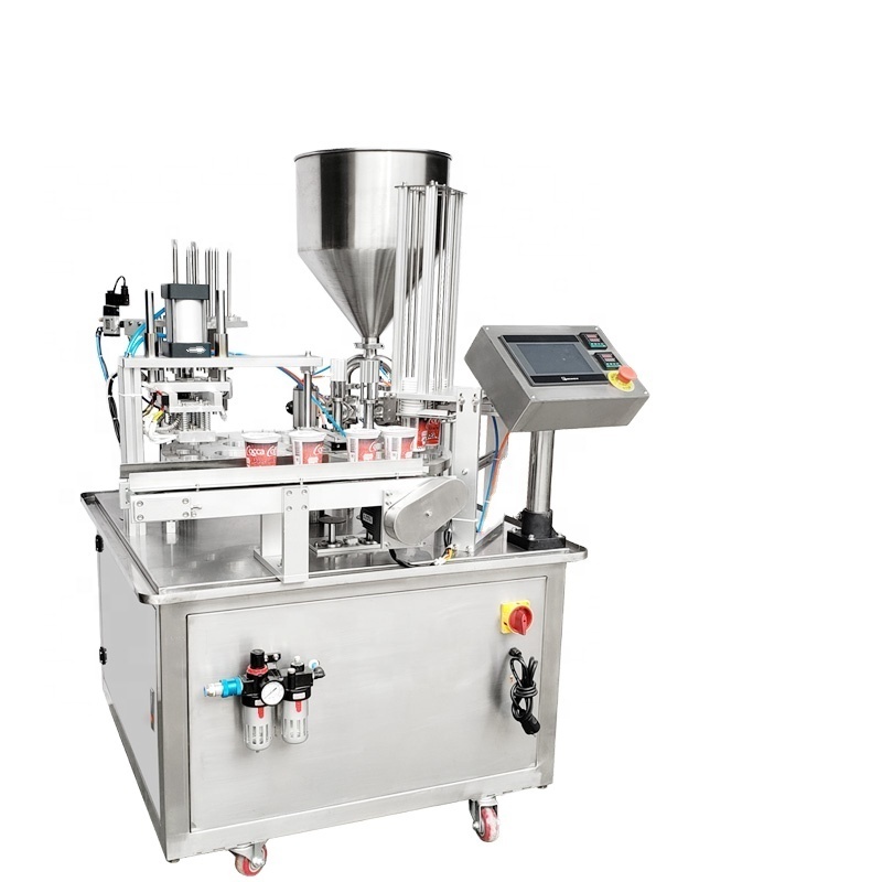 Commercial automatic linear plastic pre cut capping cup filling and sealing machine for milk Boba tea with date coding