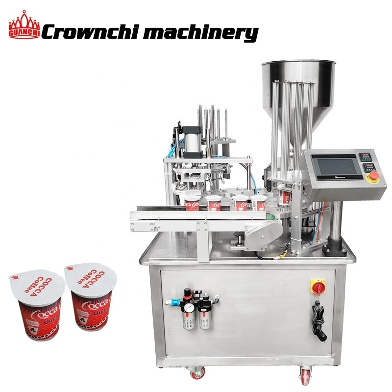 Commercial automatic linear plastic pre cut capping cup filling and sealing machine for milk Boba tea with date coding