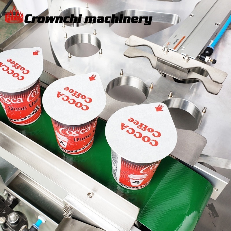 Commercial automatic linear plastic pre cut capping cup filling and sealing machine for milk Boba tea with date coding