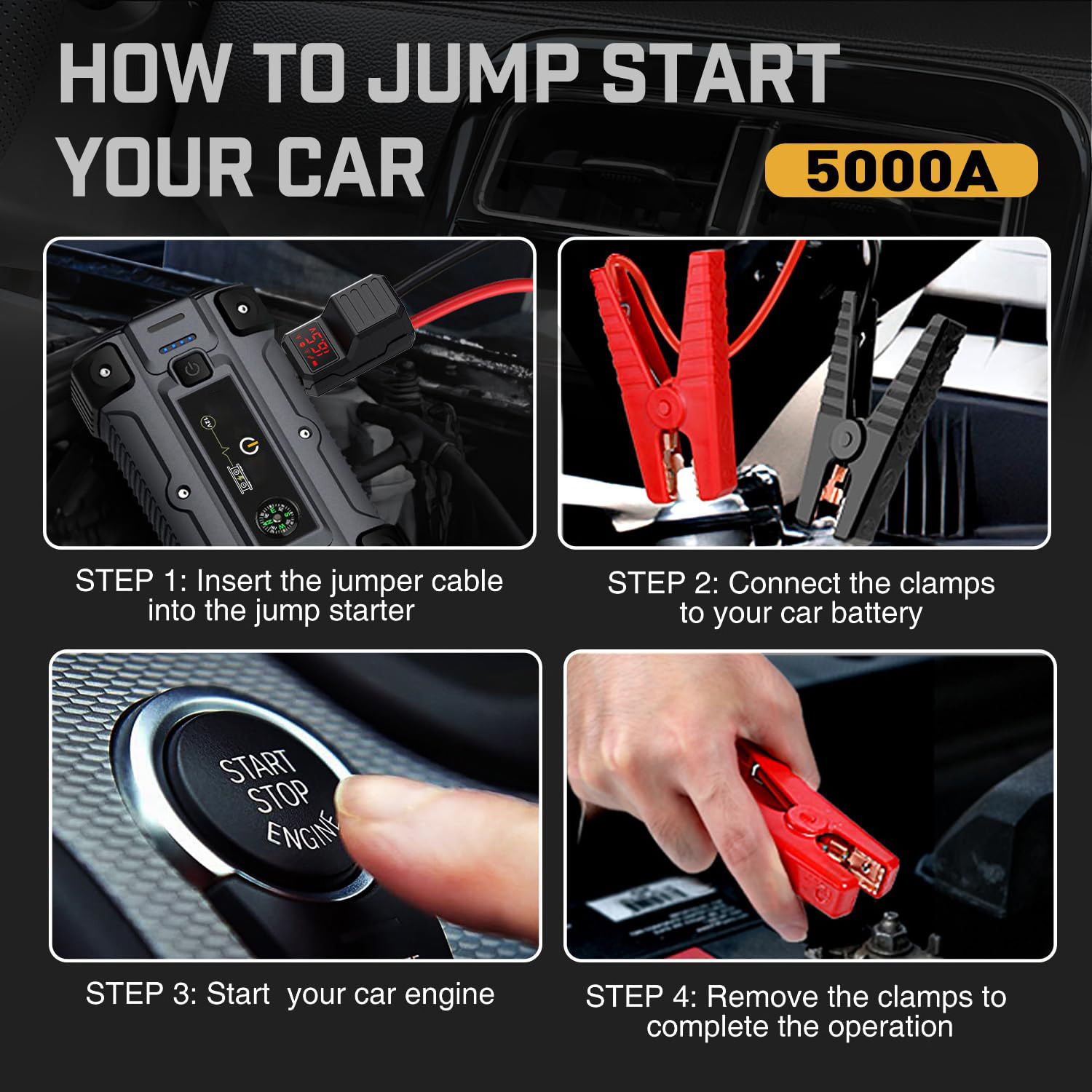 Car Jump Starter 5000A Peak 26800mAh Up to All Gas or 10L Diesel Engine 50 Times