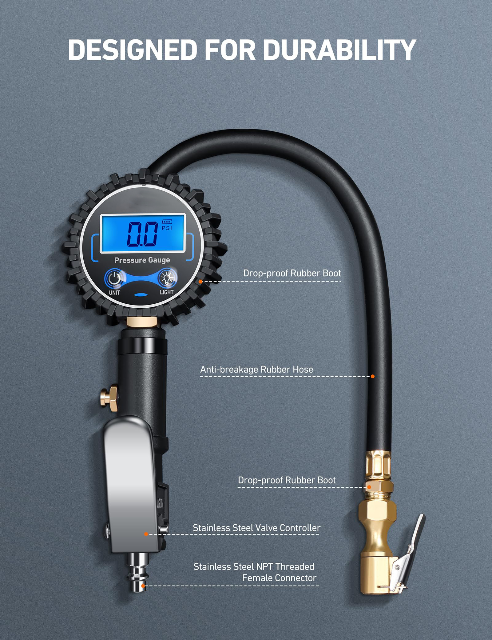 Digital Tire Pressure Gauge with Inflator 3-250 PSI 0.1 for Display Resolution