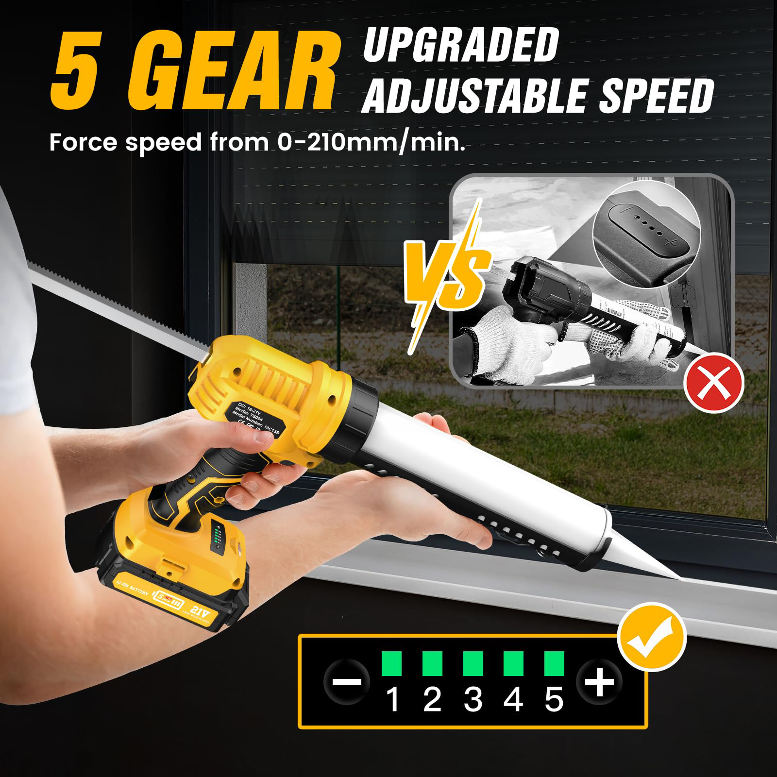 Cordless Caulking Gun 5 Adjustable Speed Electric Caulk Gun with 2.0Ah Li-Battery & Charger