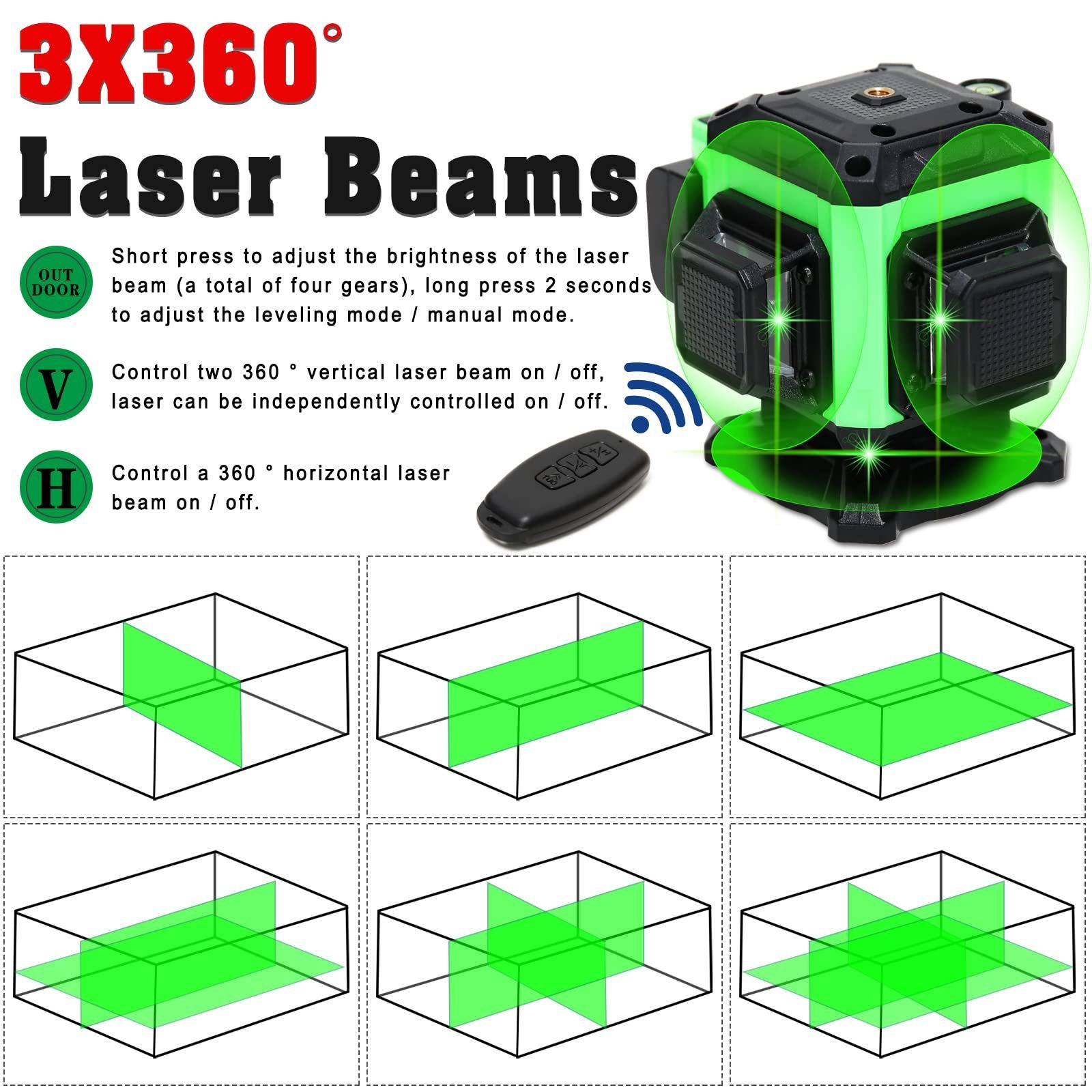 12 Lines Laser Level Self Leveling-Working Range 100FT for Construction