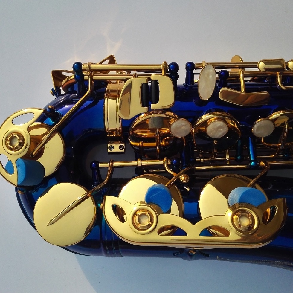 blue alto saxophone, blue colored alto saxophone