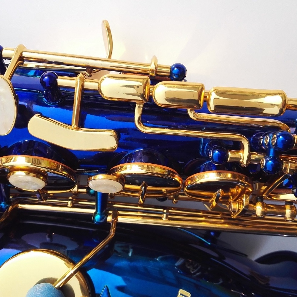 blue alto saxophone, blue colored alto saxophone