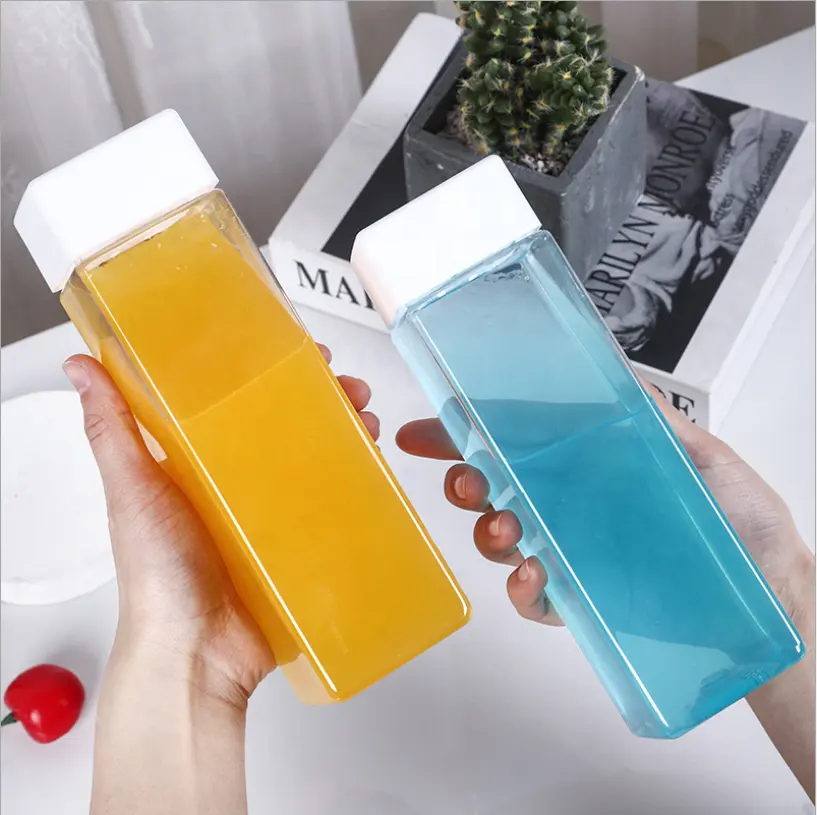 Custom Logo 500ml Transparent Empty Square Plastic Lemonade Juice Beverage Bottle With White Color Screw Cap