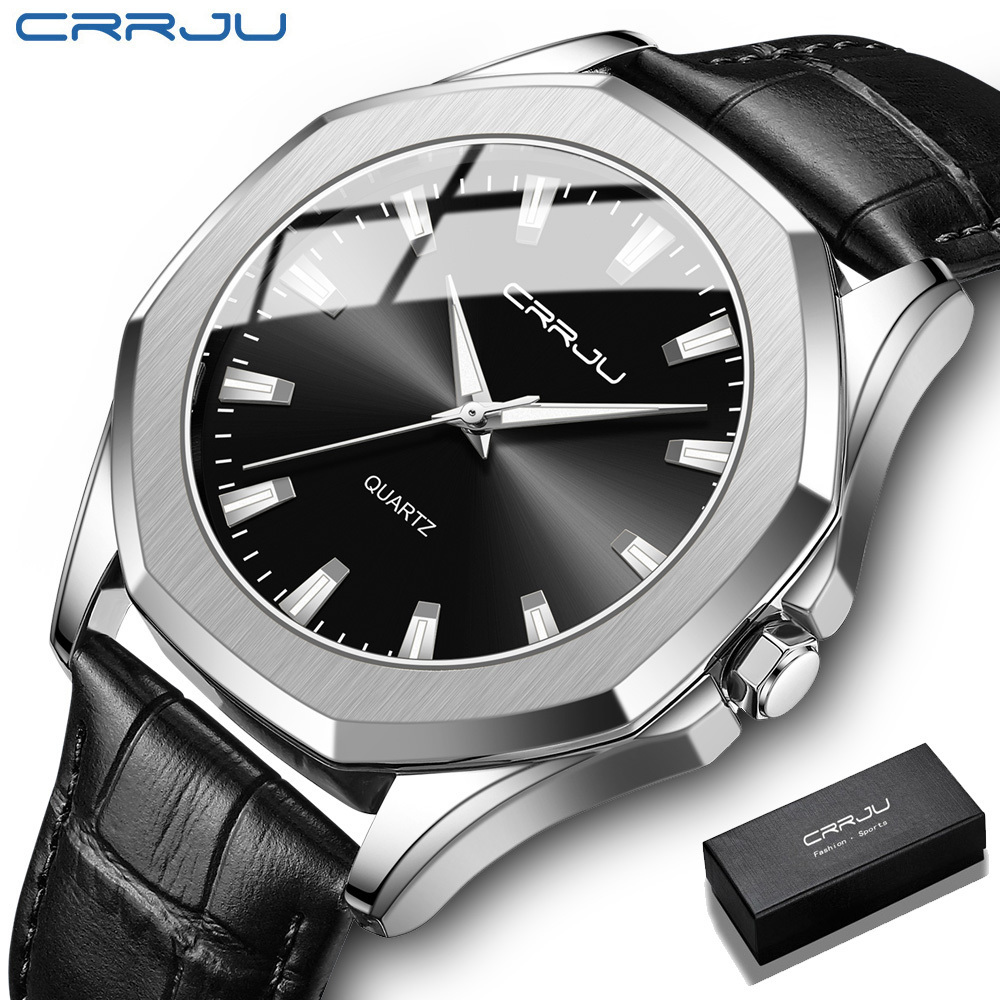 CRRJU official store  waterproof  luxury solid Stainless Steel band leather strap Men Business watch  WristWatch