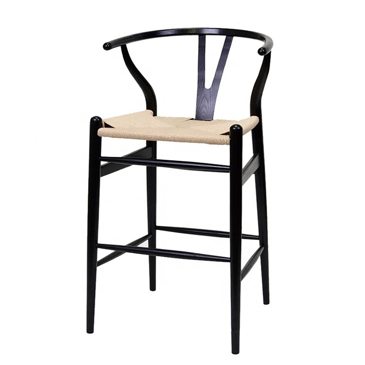 CRW-2369 Modern rope weave bistro wishbone y shape cafe coffee solid beech wood high bar stool bar chair