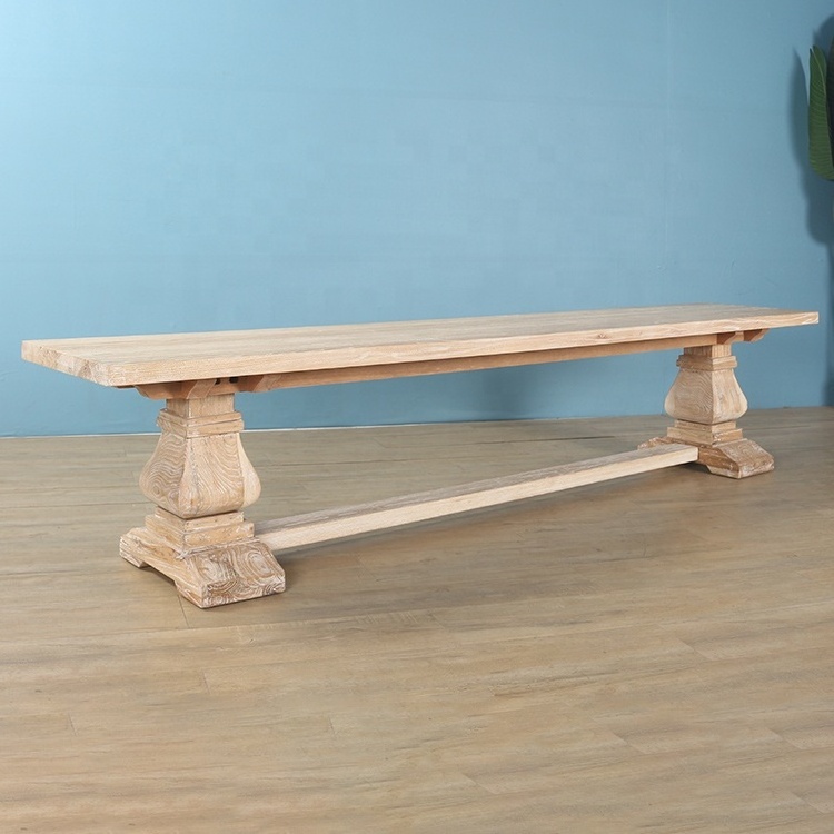 Long Rustic pedestal leg reclaimed elm wood bench to match dining table