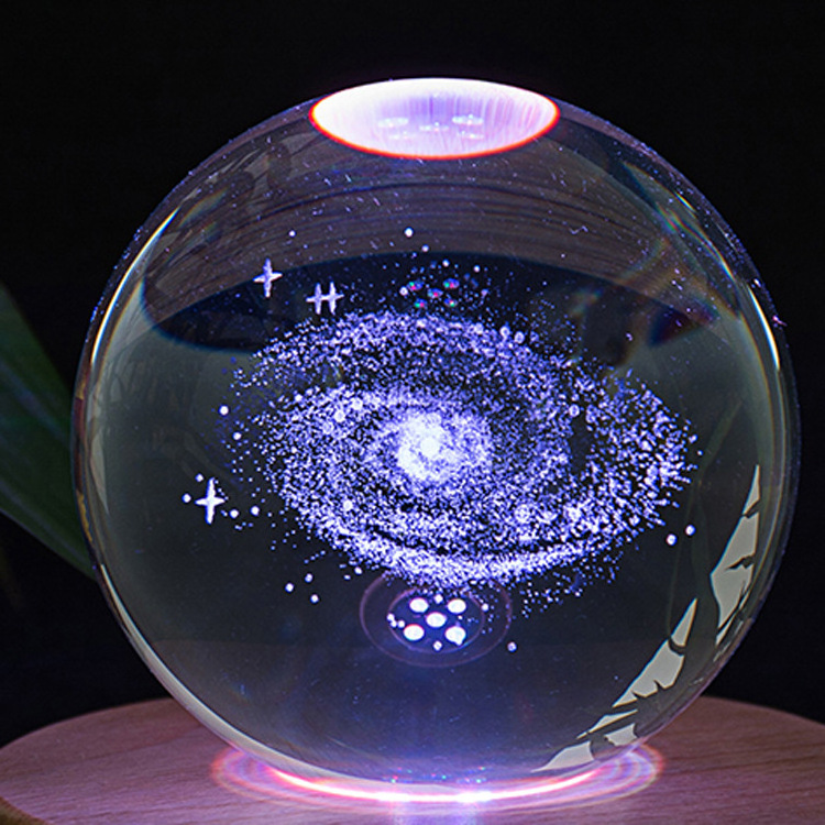 New arrival 80mm K9 Crystal Planet Galaxy 3d Laser Engraved Space System Clear Magic Crystal Ball With Led Light Base