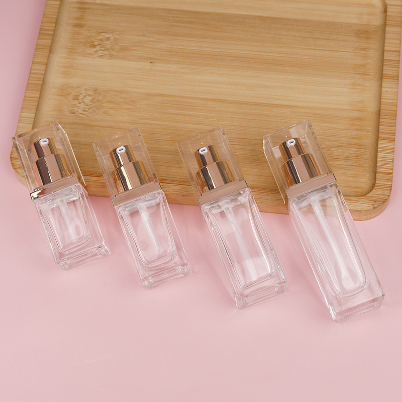 40ml 30ml 20ml 15ml Square Transparent Lotion Pump Glass Bottle Cosmetics Lotion Serum Foundation Primer Empty Bottle