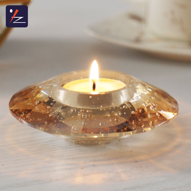 wholesale crystal tea-light glass candlestick custom clear glass crystal circle round candle holder