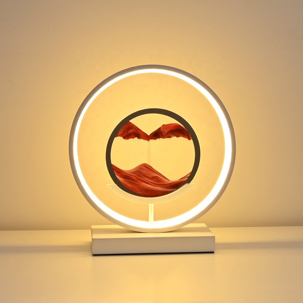 Hourglass Table Lamp LED Art Quicksand Painting Bedside Night Light 3D Flowing Sand Frame Round Glass Bedroom Lamp Home Decor