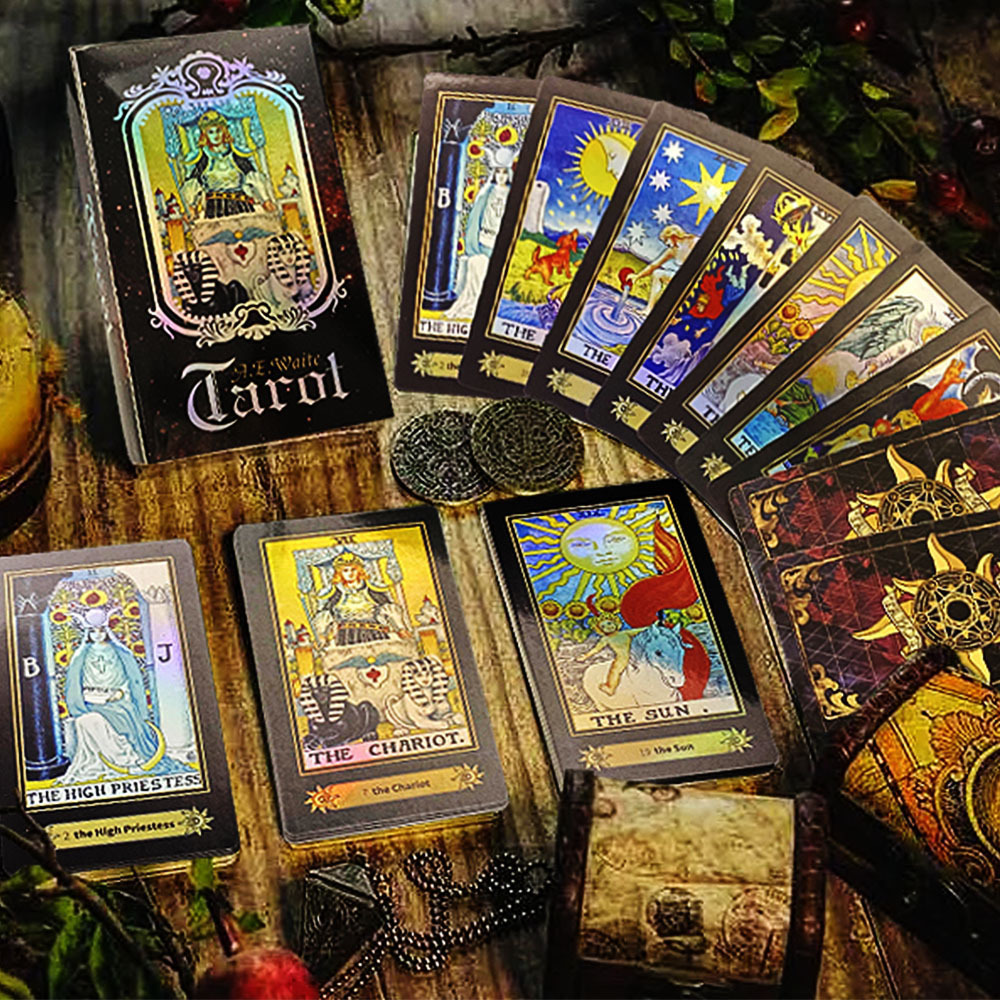 Custom Printing Oracle Letters Glowing Circle Spanish Cosmic Cartas Holographic Tarot Gold Cards Deck