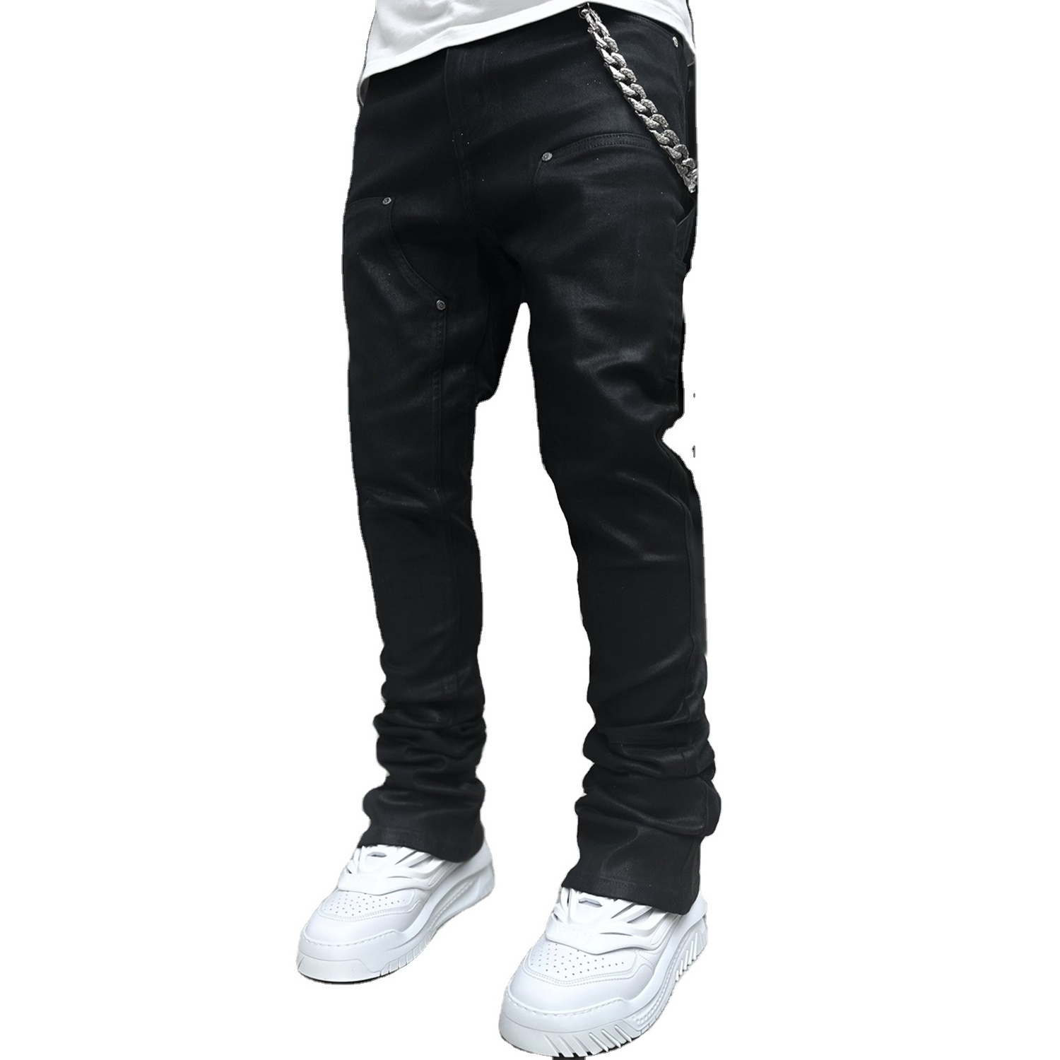 Cheap Wholesale Embroidery Perfect Tapered Fit Black Starry Sky Stacked Denim Male Stacked Jeans