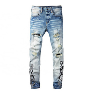 Custom mens printed ripped jeans wholesale denim jogger men rhinestone jeans pant for boys