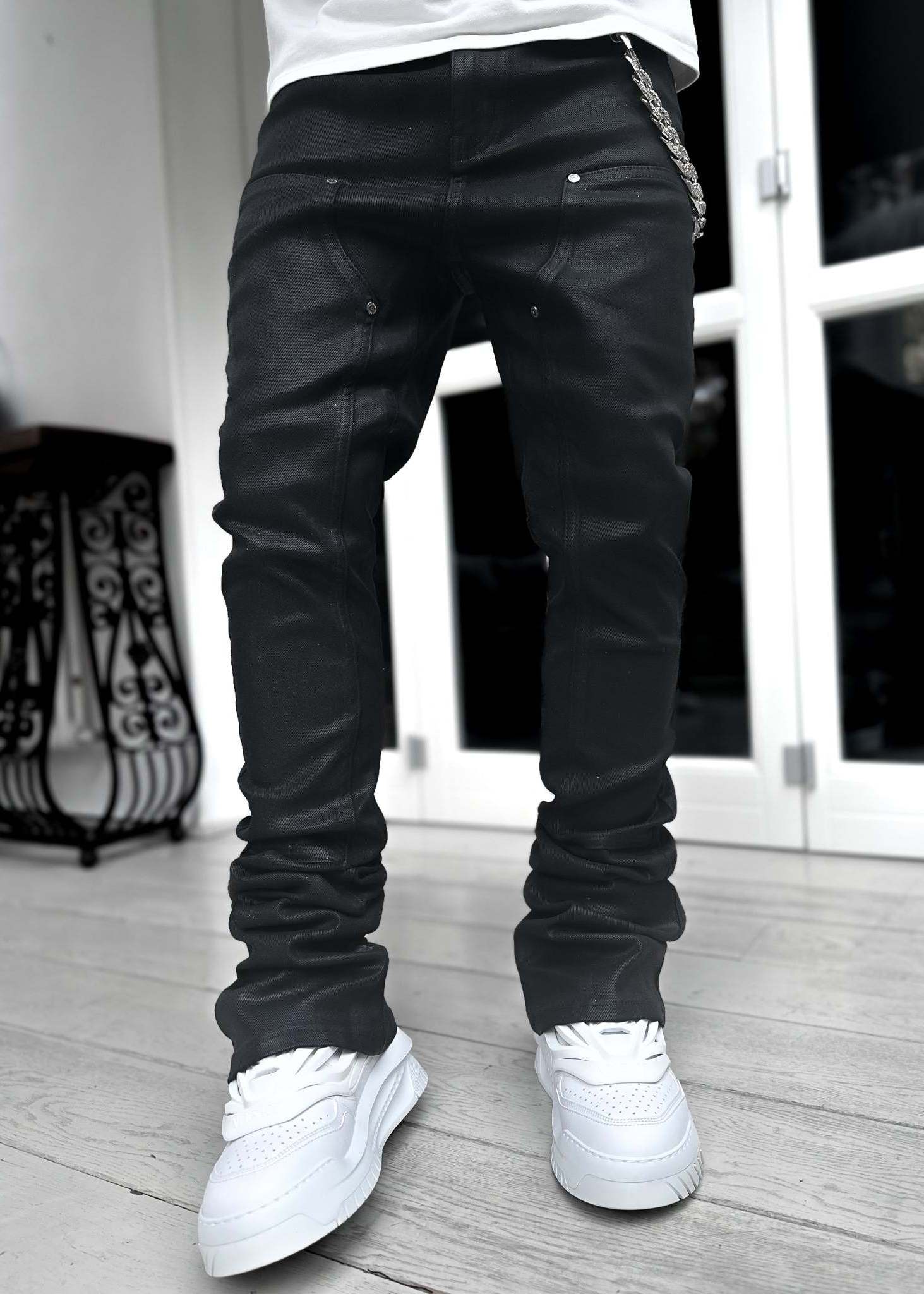 Cheap Wholesale Embroidery Perfect Tapered Fit Black Starry Sky Stacked Denim Male Stacked Jeans