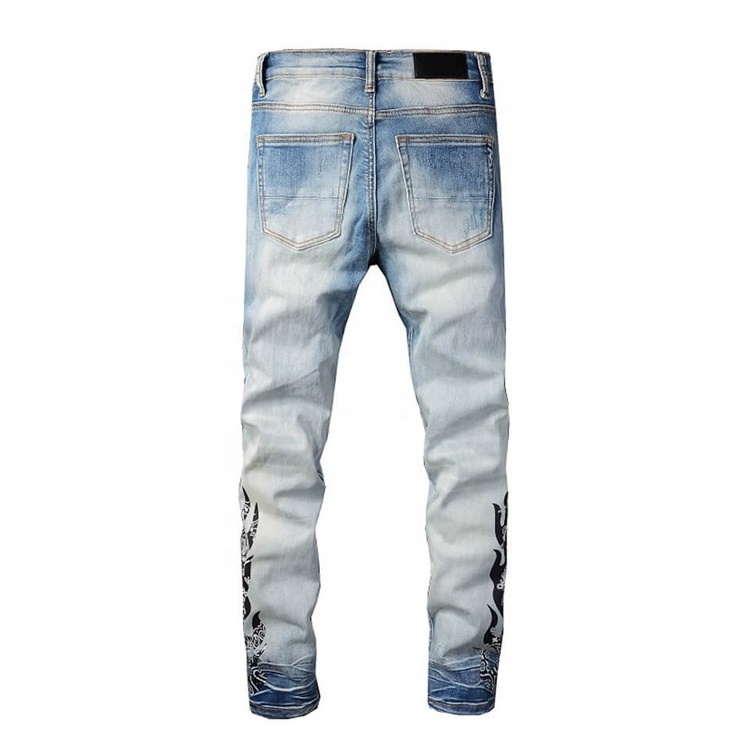 Custom mens printed ripped jeans wholesale denim jogger men rhinestone jeans pant for boys