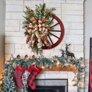 Cross Border Hot Sale Christmas Decoration Door Hanging  Wooden Wheel Wreath Pine Nut Christmas Garland Christmas Wreath