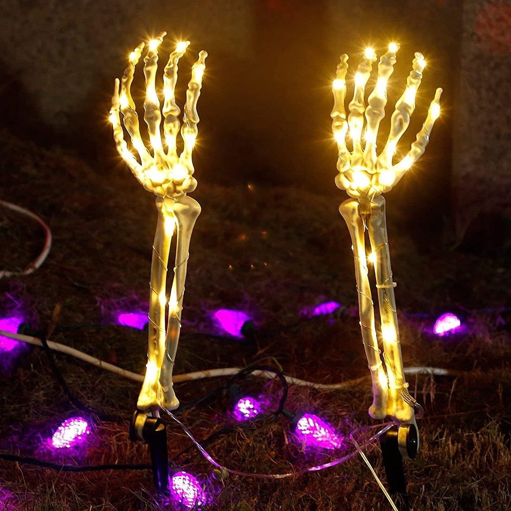 LED Solar Luminous Ghost Hand Haunted House Props Halloween Plastic Human Skeleton Skull Model Halloween Decoration Ornament