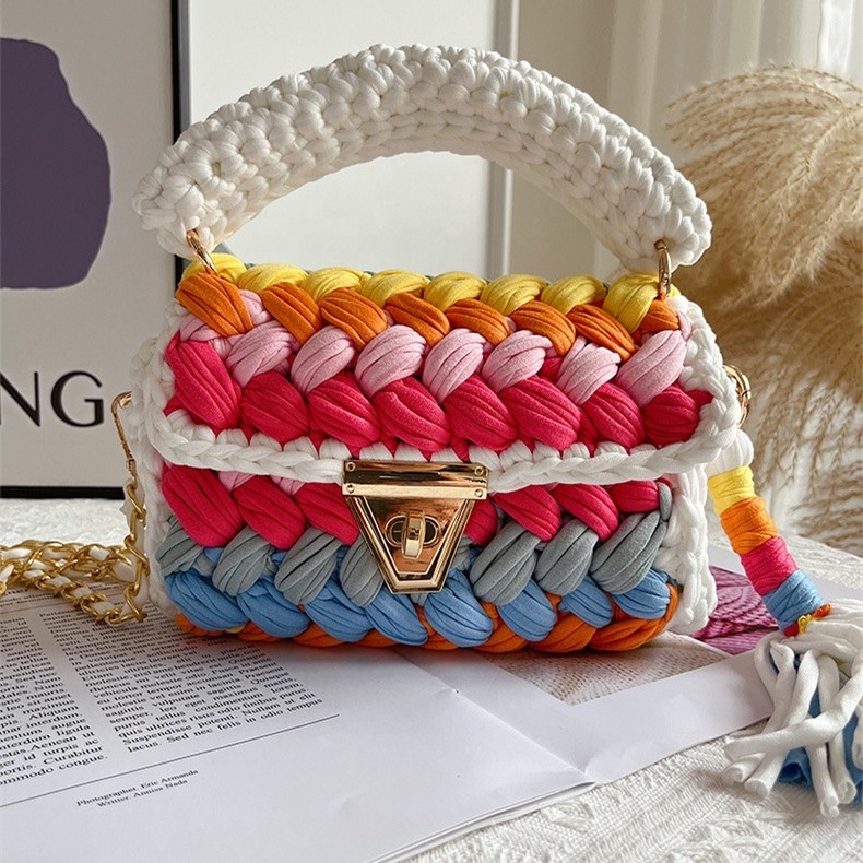 Best Selling T Shirt Yar Beach Bag Hand Crochet Handbag Rainbow Bag Handmade Crochet Bag Ladies Crochet Handbags