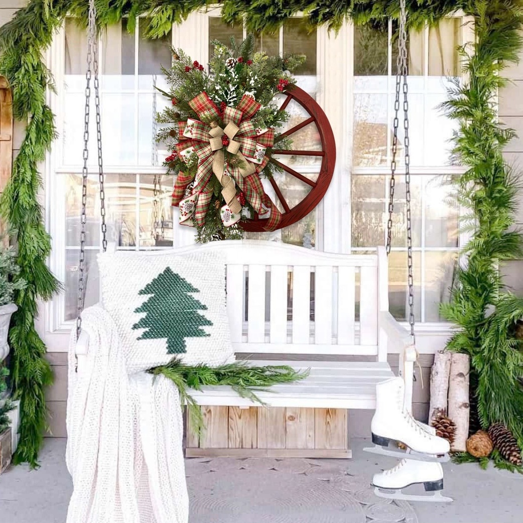 Cross Border Hot Sale Christmas Decoration Door Hanging  Wooden Wheel Wreath Pine Nut Christmas Garland Christmas Wreath