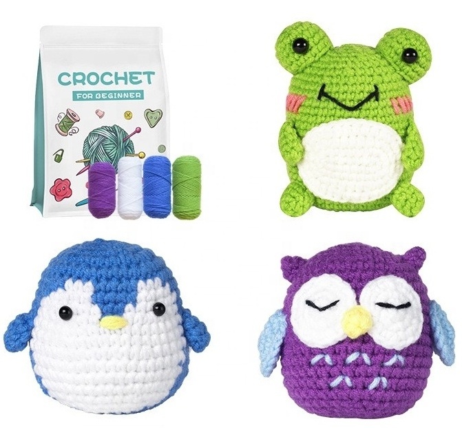 Wool Yarn DIY Crochet Kit Animal Owl Frog Penguin Beginners Full Needlework Crochet Starter Kit For Beginners Crochet Kit