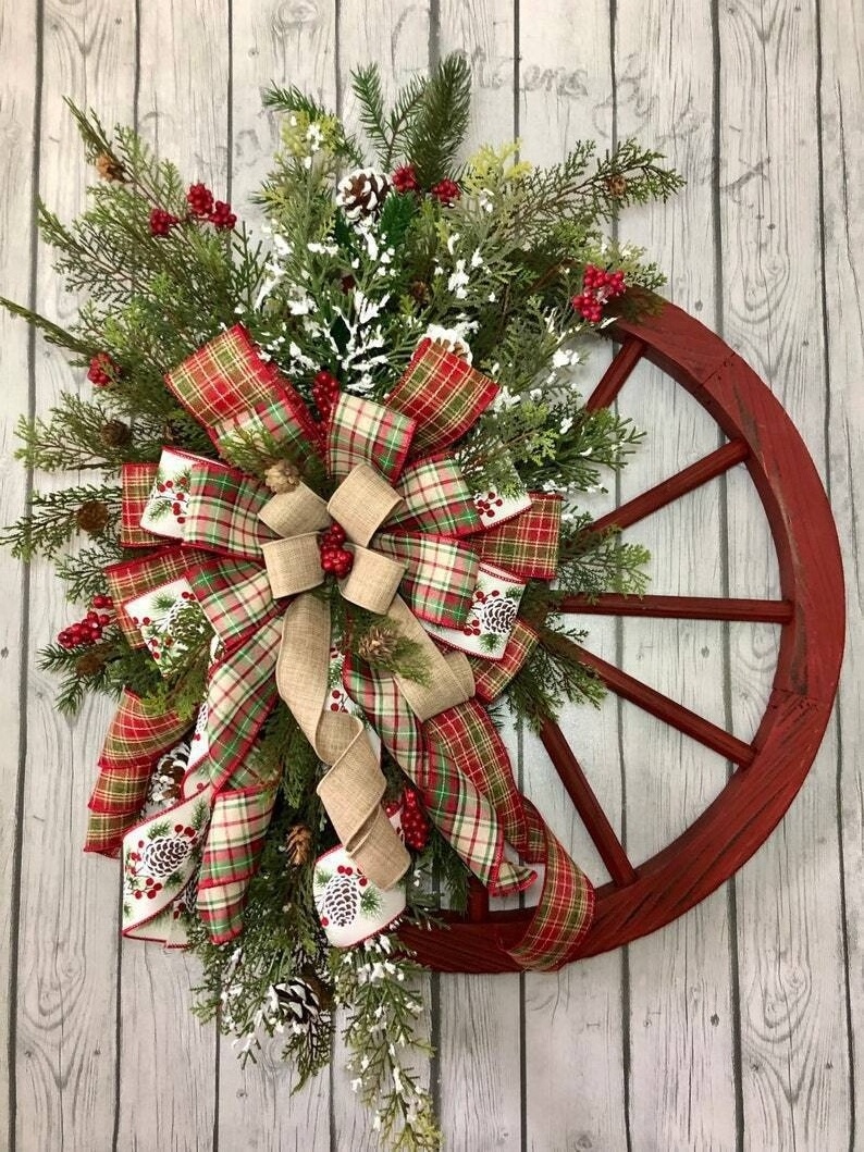 Cross Border Hot Sale Christmas Decoration Door Hanging  Wooden Wheel Wreath Pine Nut Christmas Garland Christmas Wreath