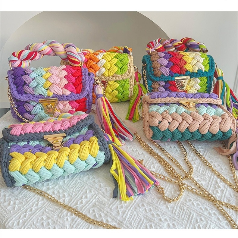 Best Selling T Shirt Yar Beach Bag Hand Crochet Handbag Rainbow Bag Handmade Crochet Bag Ladies Crochet Handbags