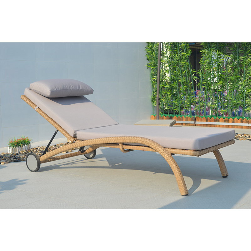 Modern Patio Wicker Lounge Chair Outdoor Rattan Sunlounger with Wheels and Cushions Outdoor Furniture Contemporary Sun Lounger