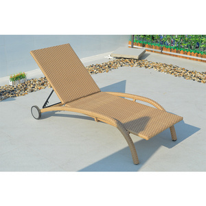 Modern Patio Wicker Lounge Chair Outdoor Rattan Sunlounger with Wheels and Cushions Outdoor Furniture Contemporary Sun Lounger