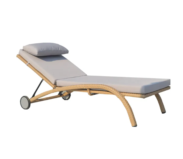 Modern Patio Wicker Lounge Chair Outdoor Rattan Sunlounger with Wheels and Cushions Outdoor Furniture Contemporary Sun Lounger