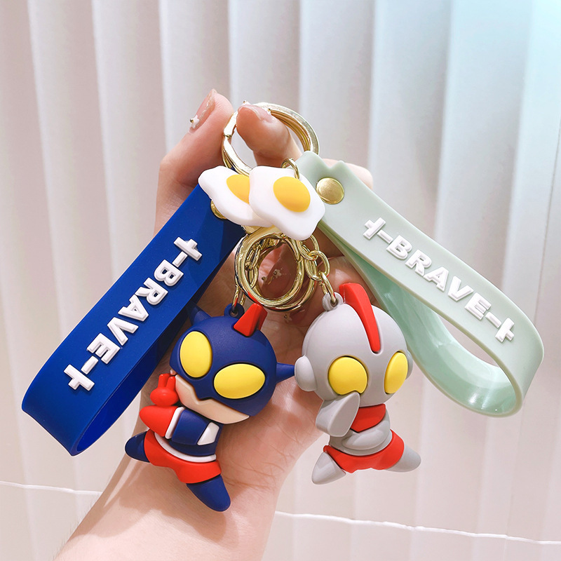 Funny Hot Sale 3D Cartoon Ultraman Keychains with Wrist Strap Wholesale Custom Bag Decoration Doll Pendant Keyrings Gift