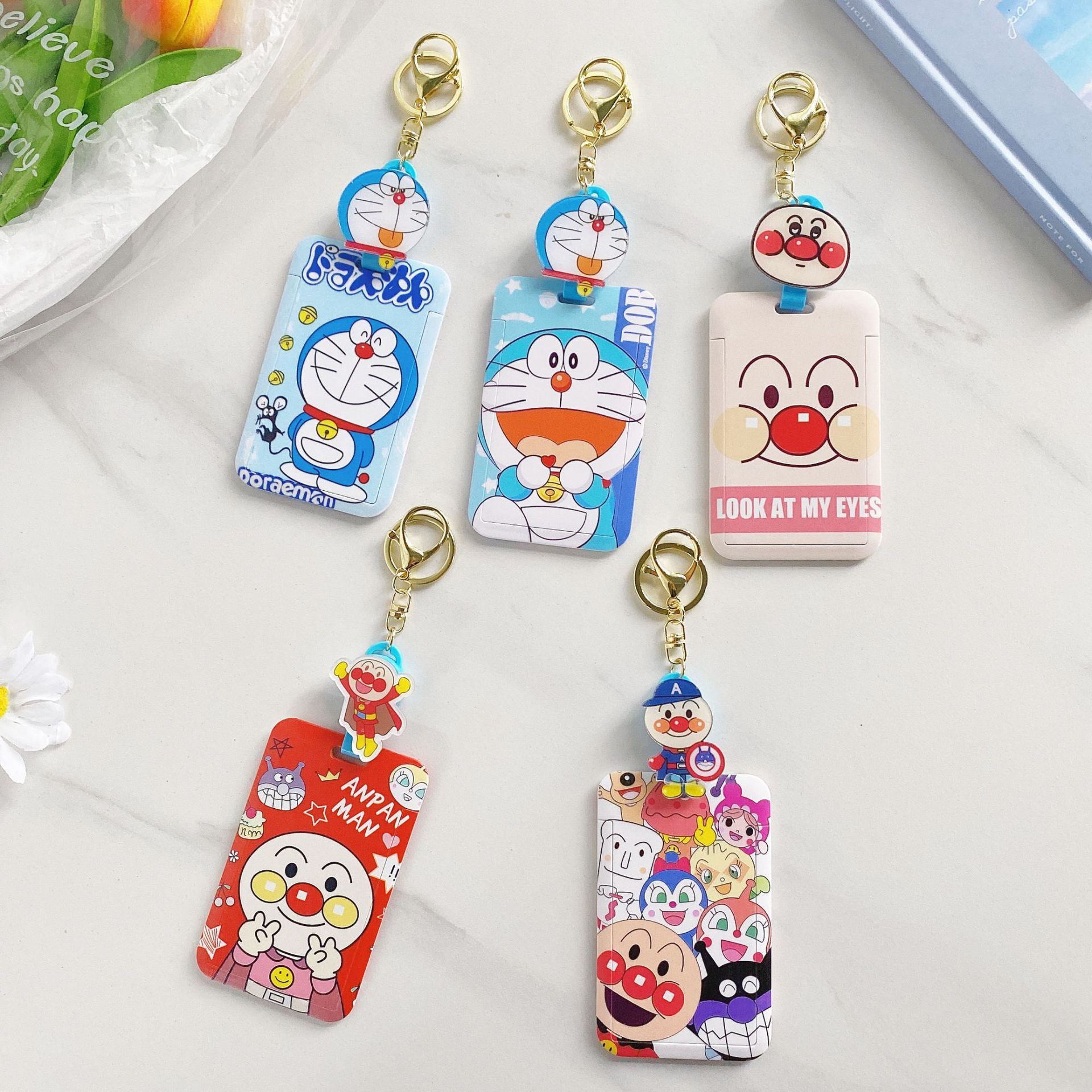 Polyester Card Holder Cute Cartoon Doraemon Anpanman Card Case Name Badge Scalable Easy Pull Buckle with Anti-Lost Cards Cover