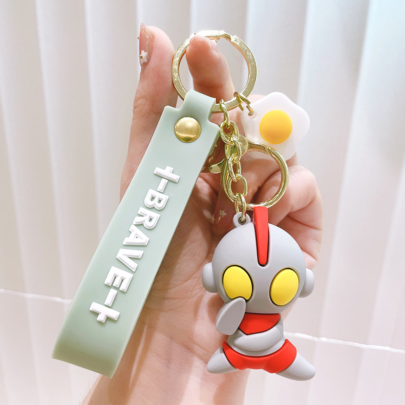 Funny Hot Sale 3D Cartoon Ultraman Keychains with Wrist Strap Wholesale Custom Bag Decoration Doll Pendant Keyrings Gift