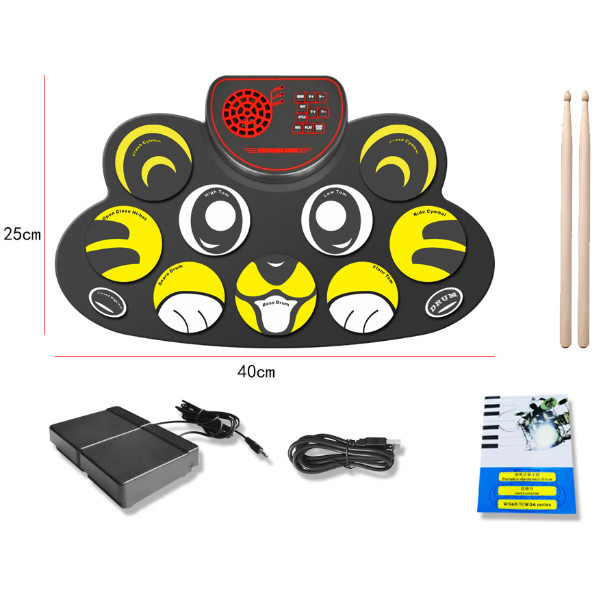 HUASHENG Trendy Hand Roll Foldable Electronic Drum Set OEM ODM Kid Electric Drum Pad with Pedals , Sticks , Books , Power Cord