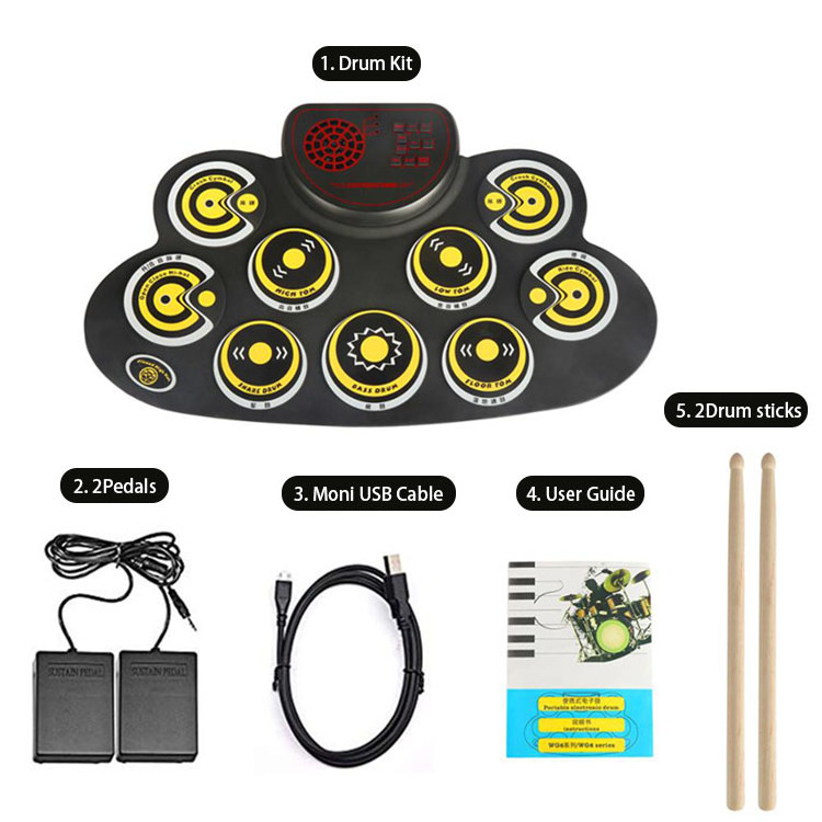 HUASHENG Trendy Hand Roll Foldable Electronic Drum Set OEM ODM Kid Electric Drum Pad with Pedals , Sticks , Books , Power Cord