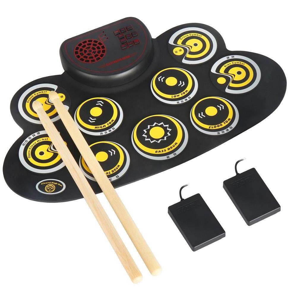 HUASHENG Trendy Hand Roll Foldable Electronic Drum Set OEM ODM Kid Electric Drum Pad with Pedals , Sticks , Books , Power Cord