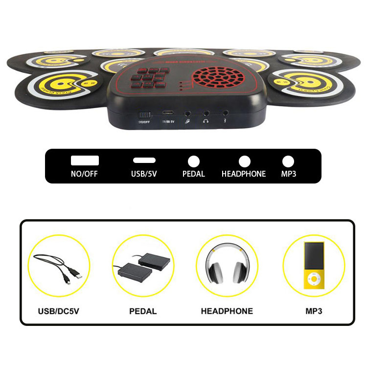 HUASHENG Trendy Hand Roll Foldable Electronic Drum Set OEM ODM Kid Electric Drum Pad with Pedals , Sticks , Books , Power Cord