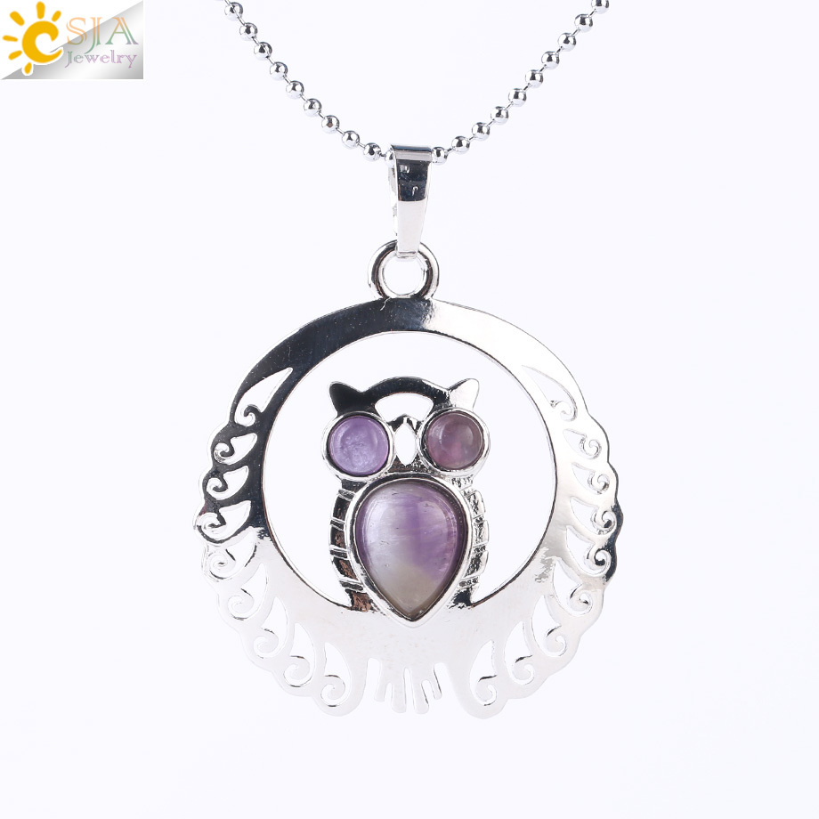 CSJA hot sale animal lapis stone crystal owl bird stainless steel pendant jewelry silver color necklaces for women men F470