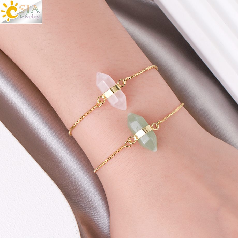 CSJA Wholesale Crystal Quartz Hexagonal Charm Natural Healing Stones Jewelry Friendship Bracelet Stainless Steel For Women H069