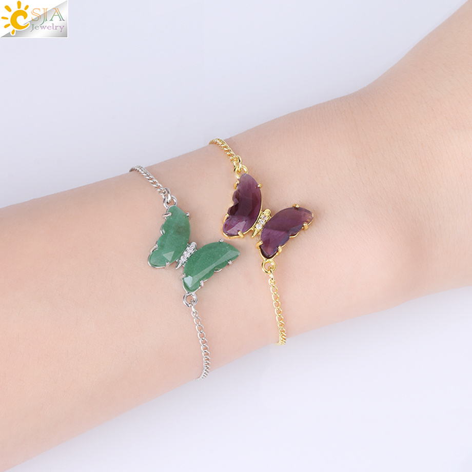 CSJA Wholesale Fashion Jewelry Bracelet Stainless Steel Healing Reiki Natural Stone Rose Quartz Butterfly Women Bracelets H161