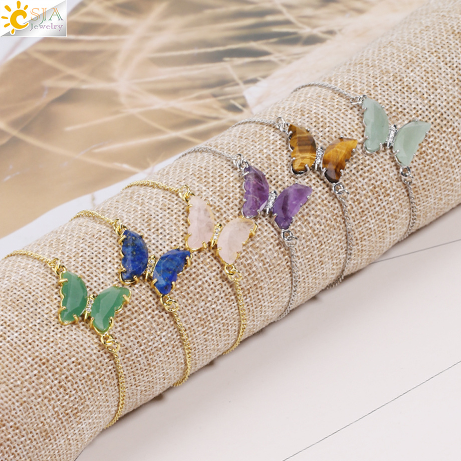 CSJA Wholesale Fashion Jewelry Bracelet Stainless Steel Healing Reiki Natural Stone Rose Quartz Butterfly Women Bracelets H161