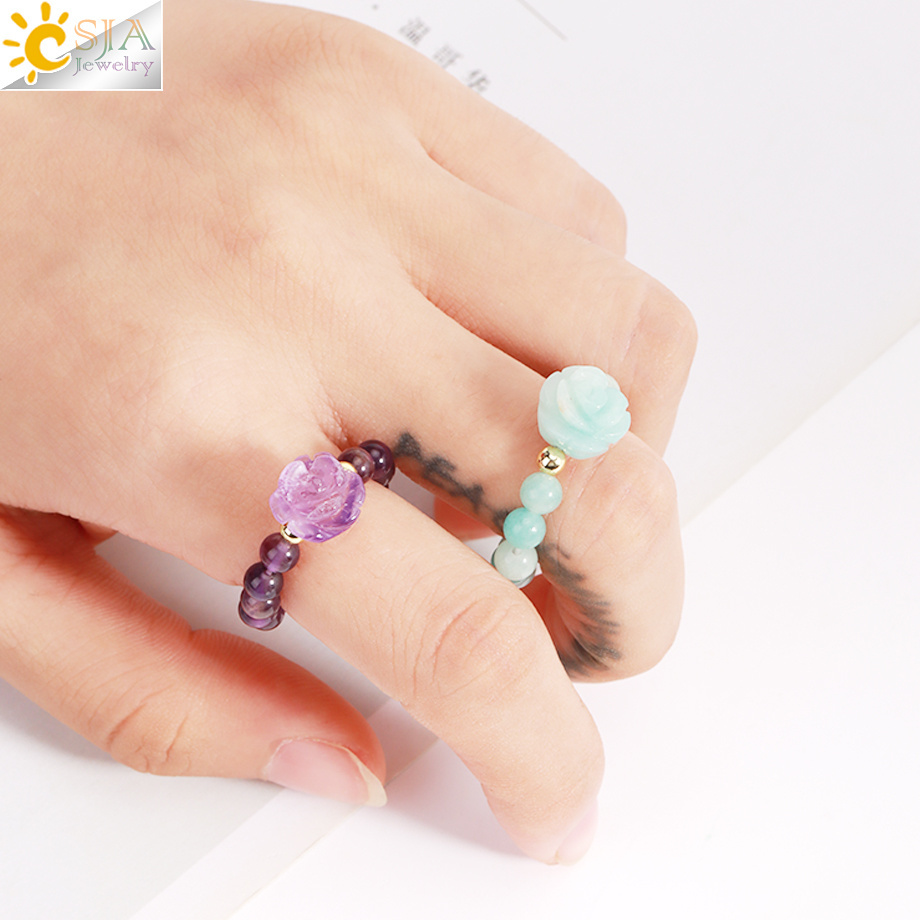 CSJA Hot Natural Stone Rock Crystal Amethyst Beads Carved Rose Flower Pendant Healing Crystal Gemstone Ring for Women Gift H306