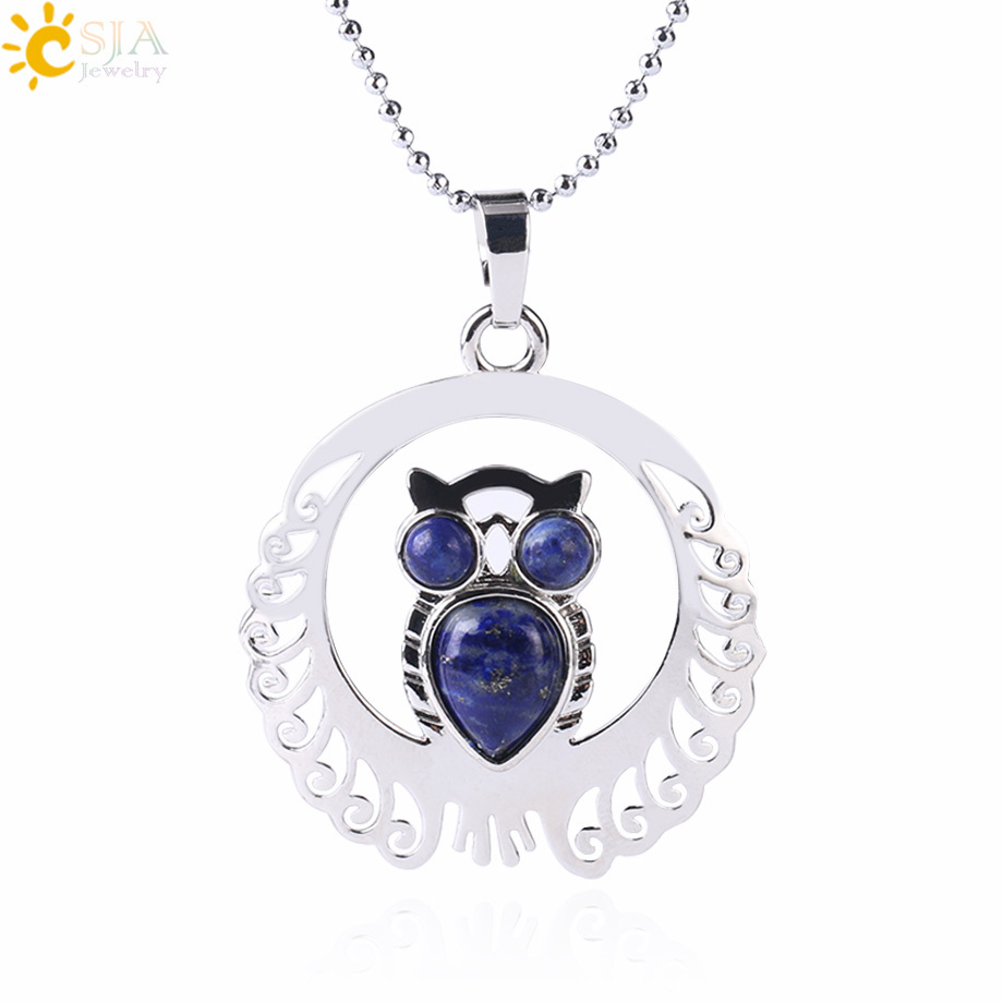 CSJA hot sale animal lapis stone crystal owl bird stainless steel pendant jewelry silver color necklaces for women men F470