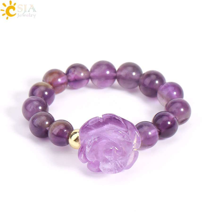 CSJA Hot Natural Stone Rock Crystal Amethyst Beads Carved Rose Flower Pendant Healing Crystal Gemstone Ring for Women Gift H306