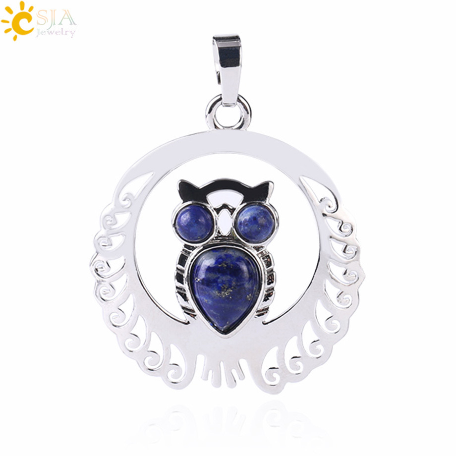 CSJA hot sale animal lapis stone crystal owl bird stainless steel pendant jewelry silver color necklaces for women men F470