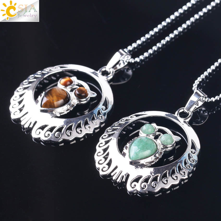 CSJA hot sale animal lapis stone crystal owl bird stainless steel pendant jewelry silver color necklaces for women men F470